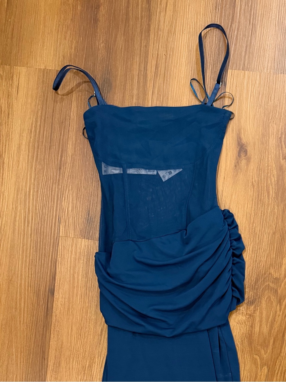Zara Navy Sheer-Panel Midi Dress with Spaghetti Straps - Picture 6 of 7